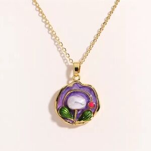 Enamel Pendant Necklace with Floral Pearl Design